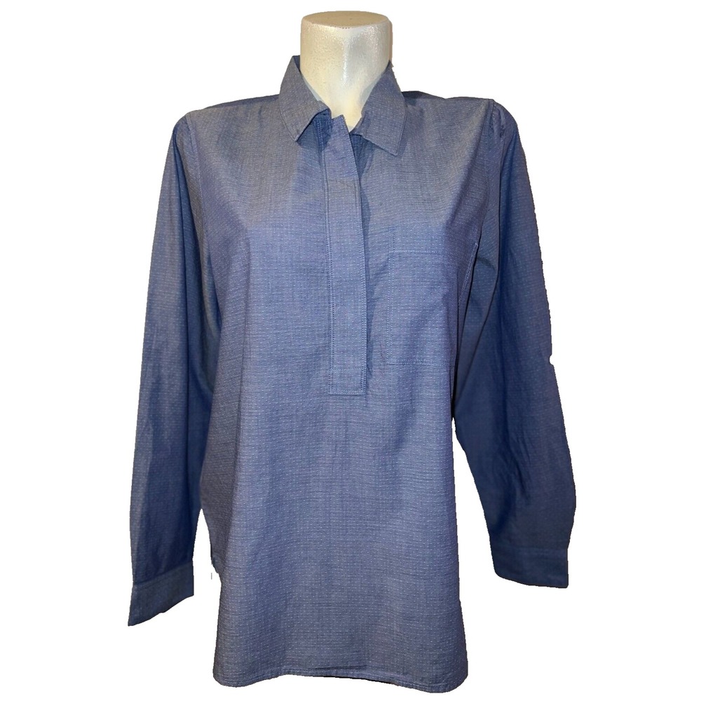 Fleur Bleue Blue Micro Dot Popover Blouse Long Roll Tab Sleeve Womens Large